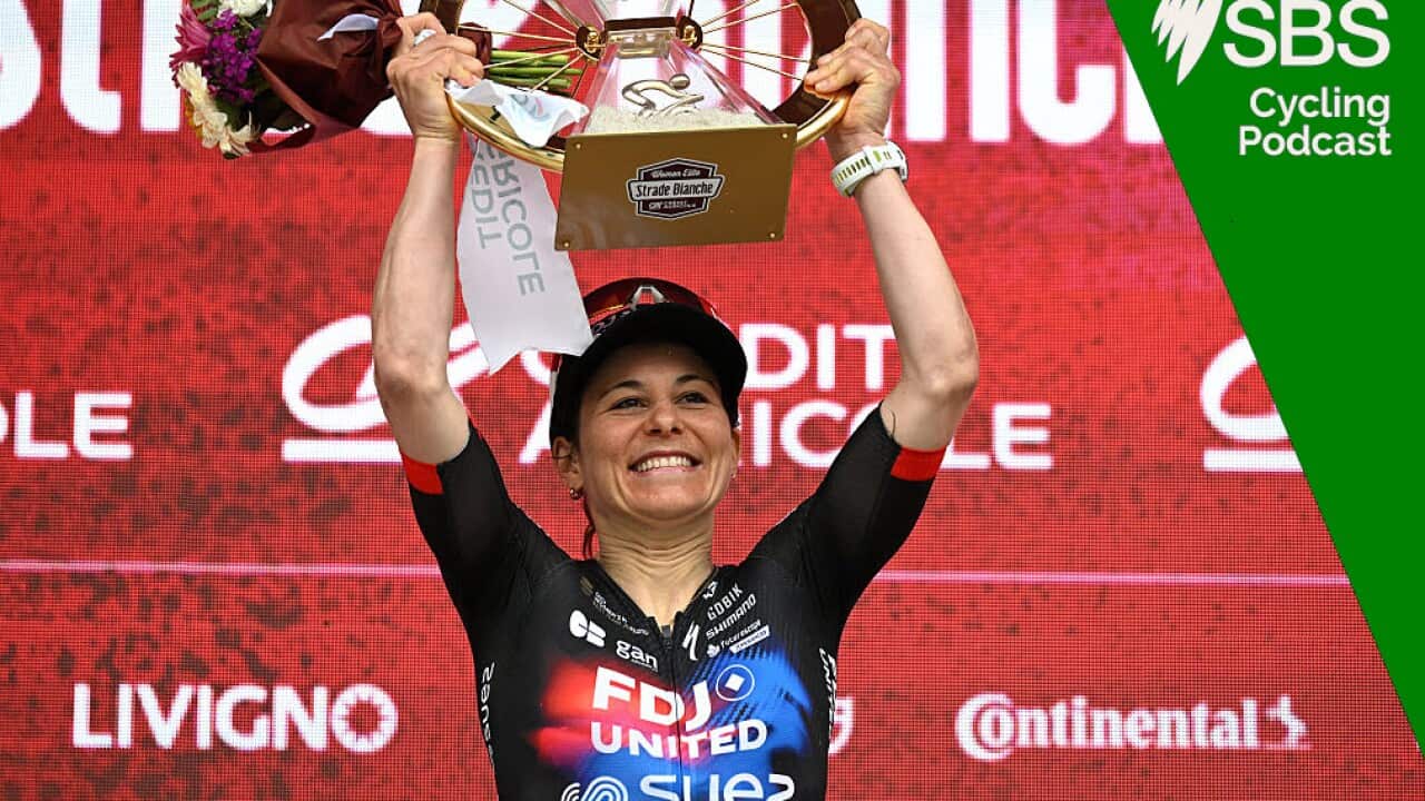 SIENA, ITALY - MARCH 07: Elise Chabbey of Switzerland and Team FDJ United - SUEZ celebrates at podium as race winner during to the 12th Strade Bianche Donne 2026 a 133km one day race from Siena to Siena / #UCIWWT / on March 07, 2026 in Siena, Italy. (Photo by Luc Claessen/Getty Images)