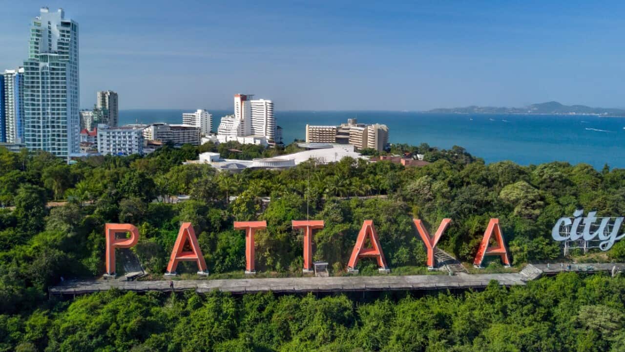 Pattaya City sign on the hill from aerial view, Chonburi, Thailand
