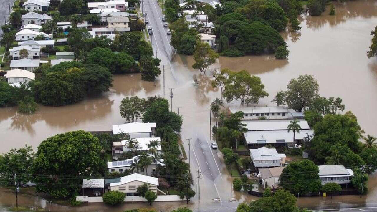 An aerial view of floodwaters in the suburb of Hyde Park, Townsville.