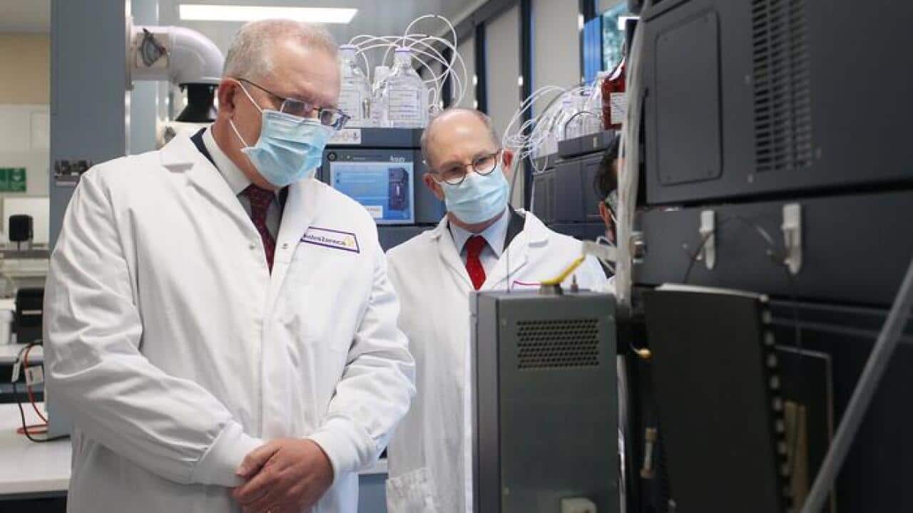 Prime Minister Scott Morrison and Professor Paul Kelly tour the Astra Zeneca laboratories in Macquarie Park, Sydney.