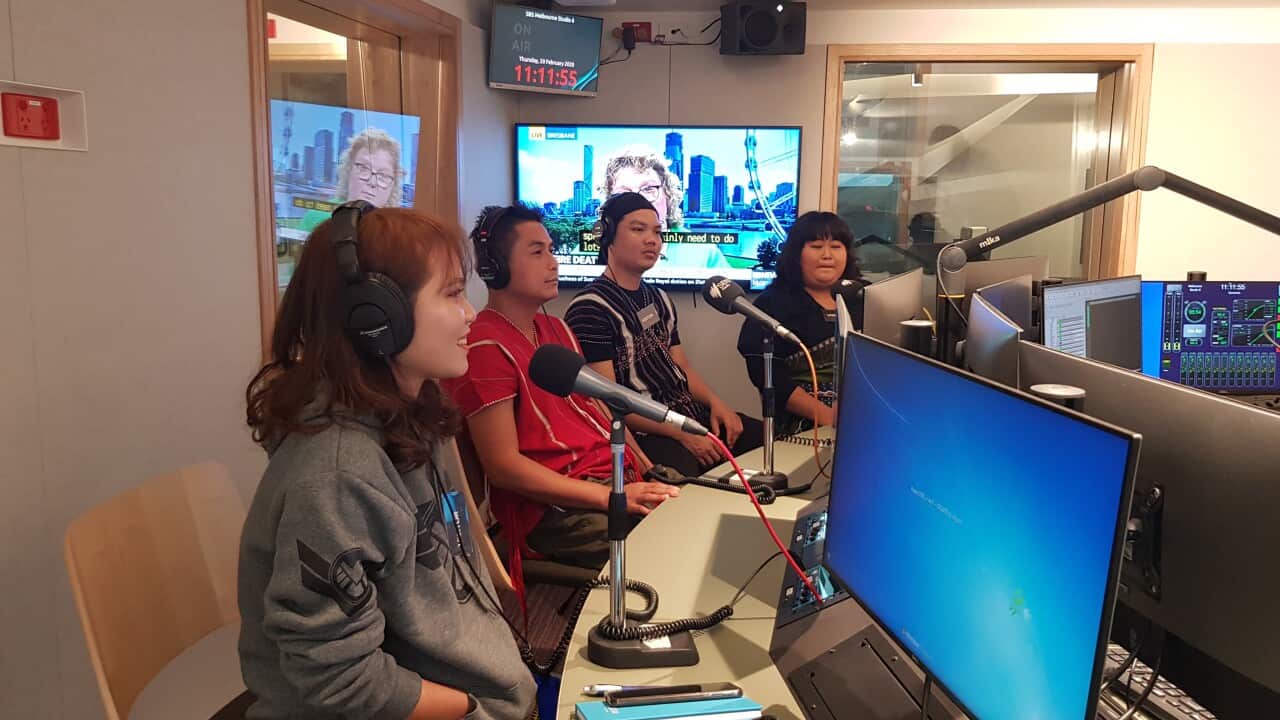 The Karen singers: Nant Phway Phway San, Saw Gay Nay Moo, Saw David Htoo and Naw Dah Eh Poe at SBS Melbourne office.