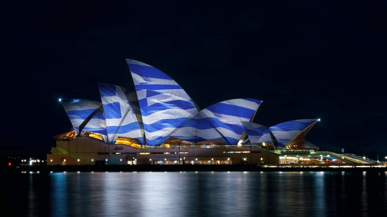 Photoshopped image of Sydney Opera House lit in Greek flag