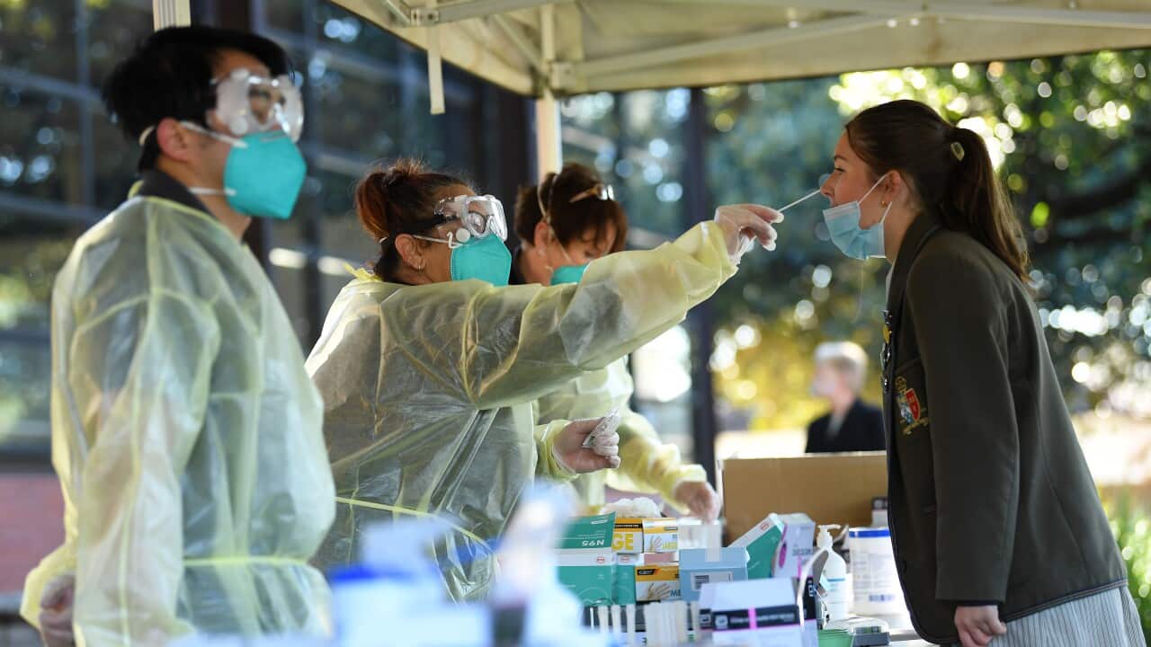 A Firbank Grammar student receives a COVID-19 Rapid Antigen test on campus in Brighton, Melbourne, 14 October, 2021. 