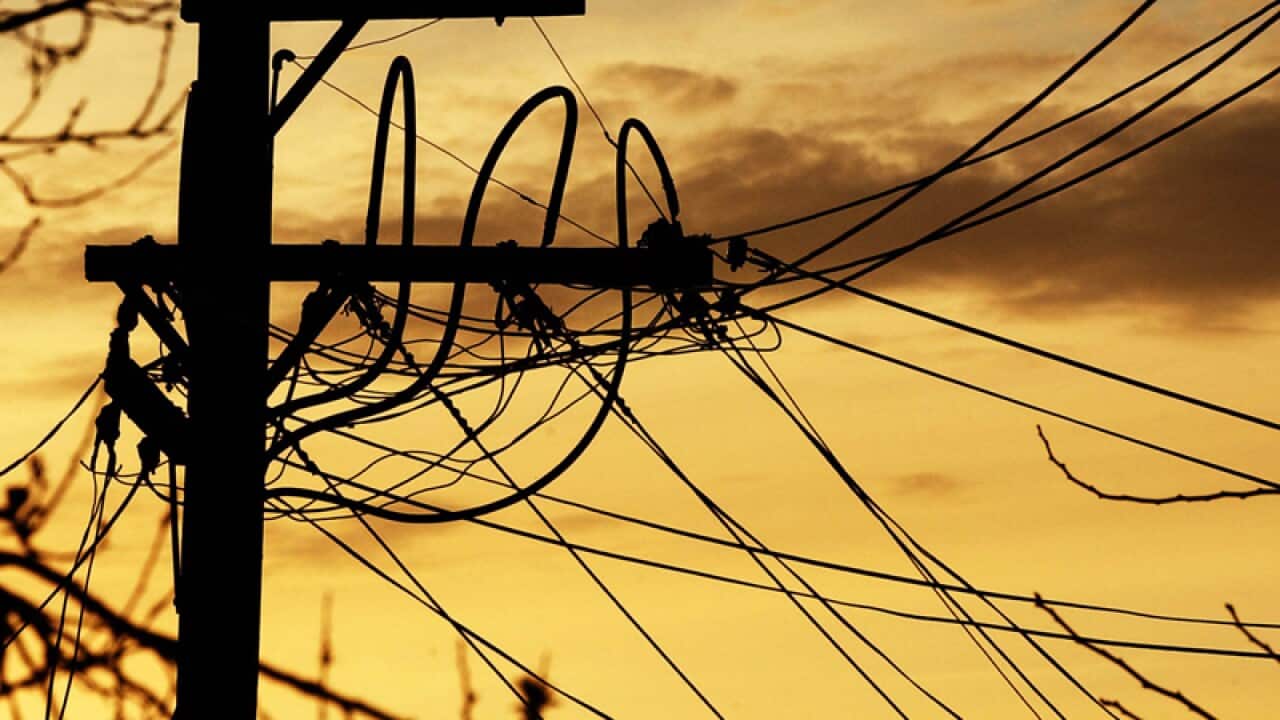 Electricity cables set against a sunset in Sydney,