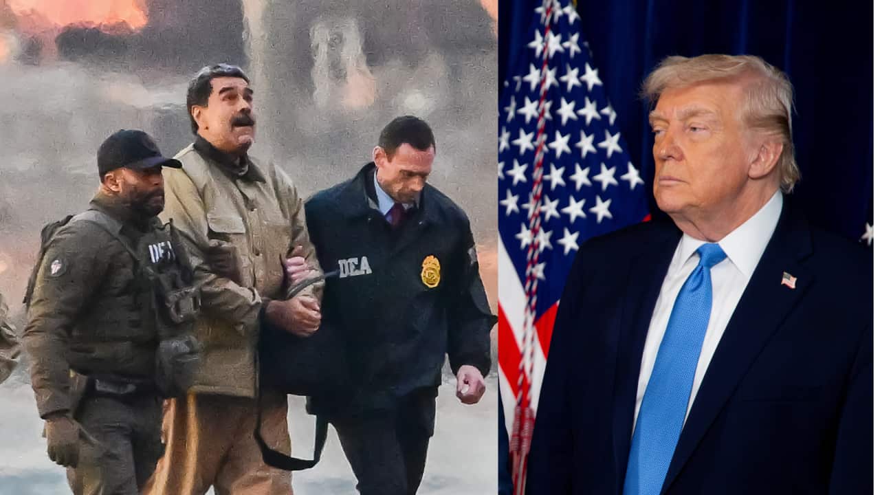 A man in custody being walked by security personnel and the US president to the right looking at him