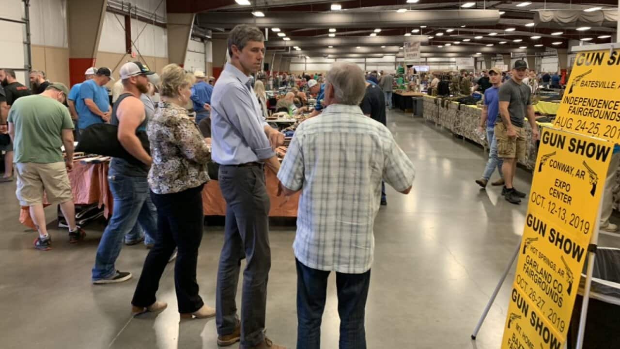 Democratic Presidential candidate Beto O’Rourke visited a gun show in Little Rock, Arkansas.