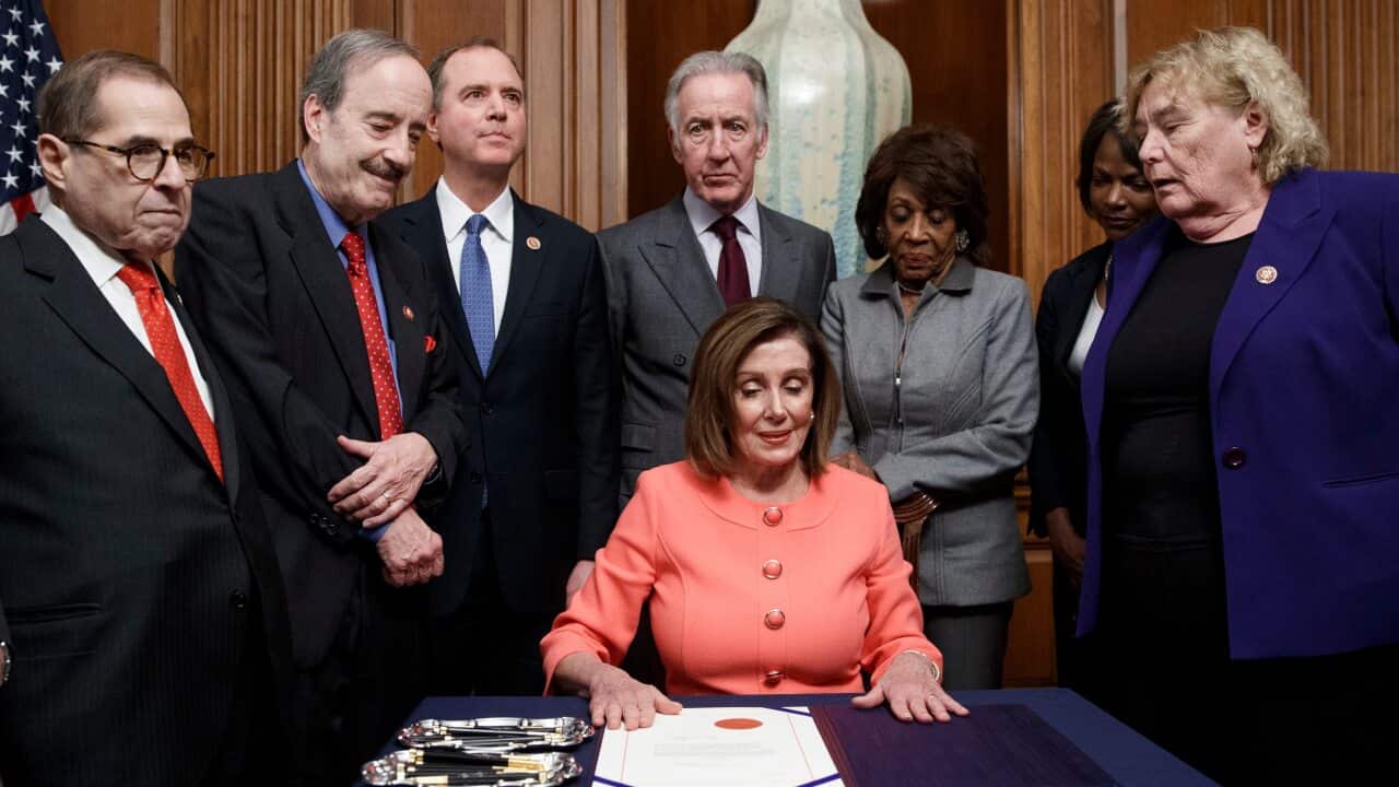 The two articles of impeachment against Trump are for abuse of power and obstruction of Congress.