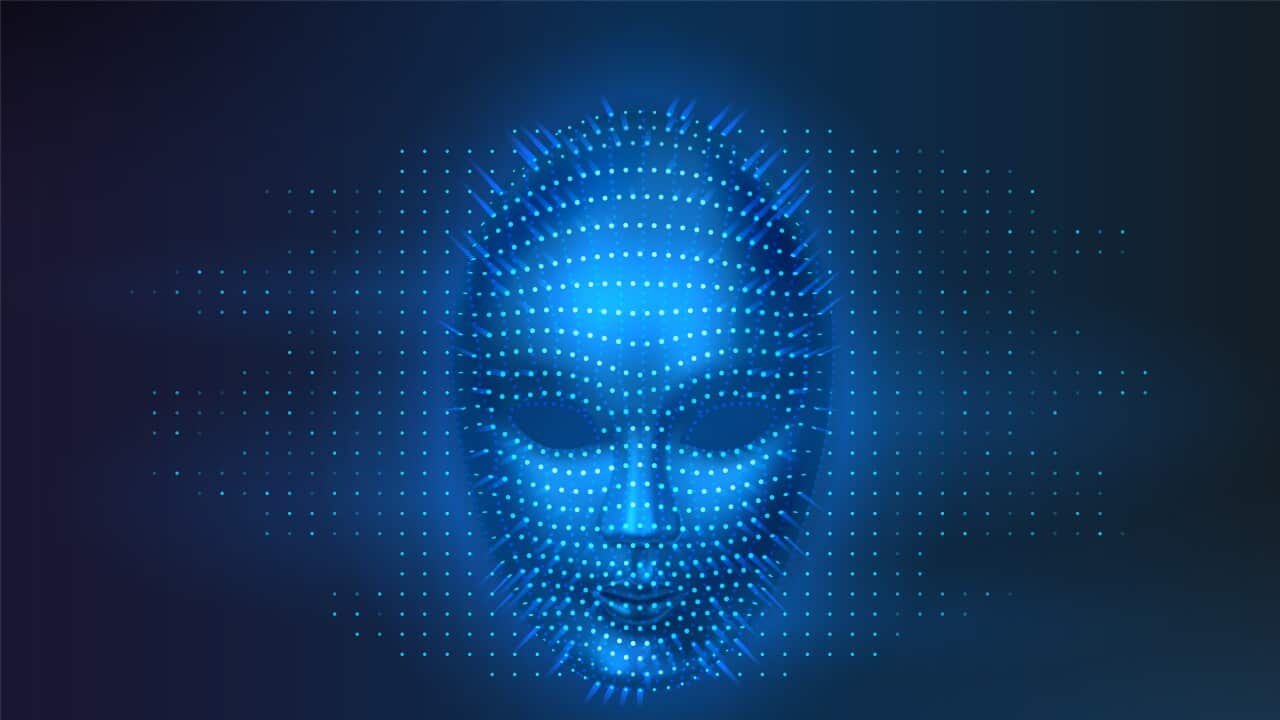 Artificial intelligence or robot digital face. AI or cyber, human head. Virtual computer technology for recognition or security software. Futuristic visual concept. Science and machine, information