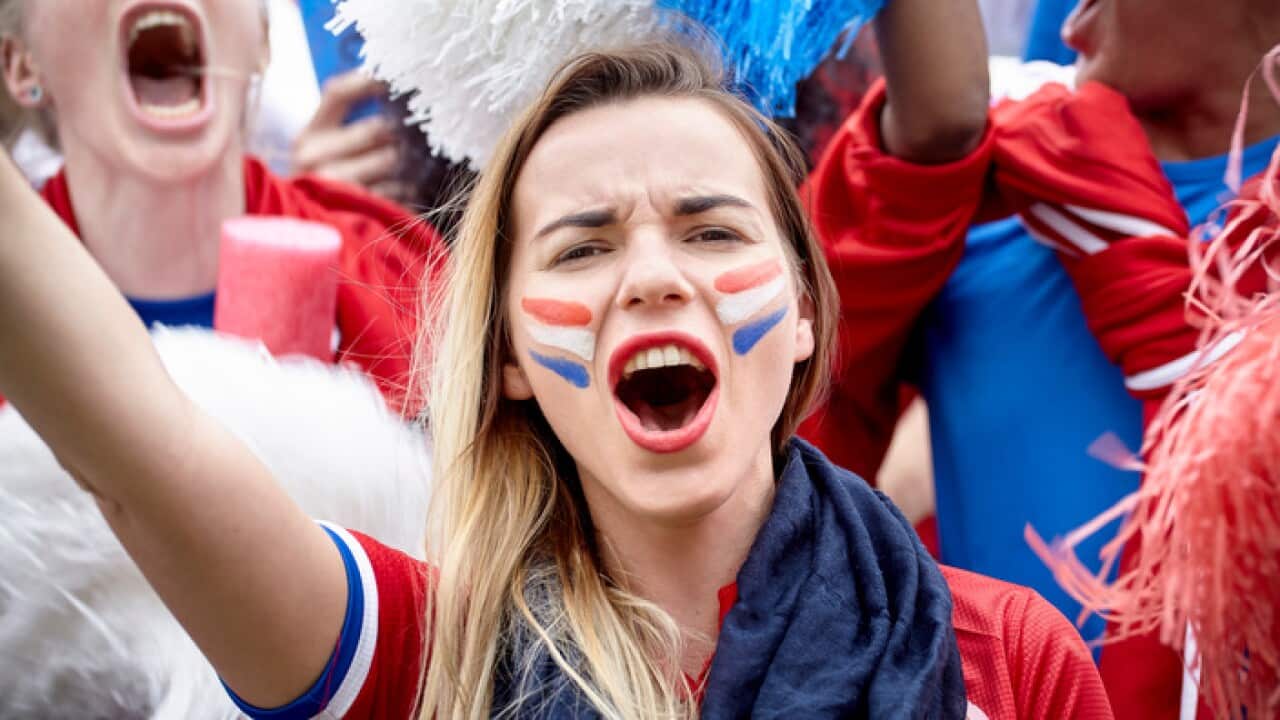French football fan cheering at match, portrait