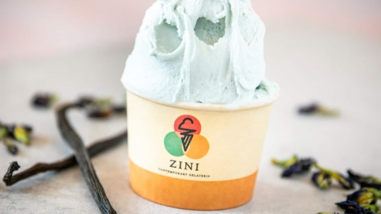 Zini Contemporary Gelateria's blue vanilla infused with butterfly pea flowers.