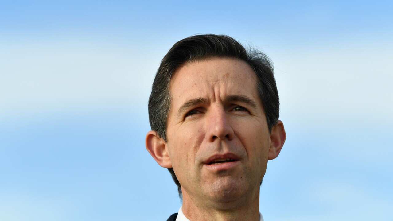 Federal Minister for Trade Simon Birmingham speaks to the media during a press conference before the first international freight flight leaves Adelaide Airport in Adelaide, Wednesday, May 6, 2020. (AAP Image/David Mariuz) NO ARCHIVING