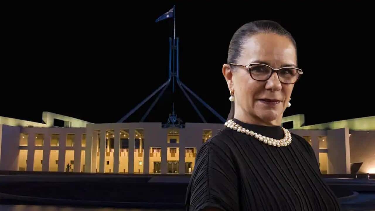 A composite image of Indigenous Australians Minister Linda Burney and the federal parliament building in Canberra.