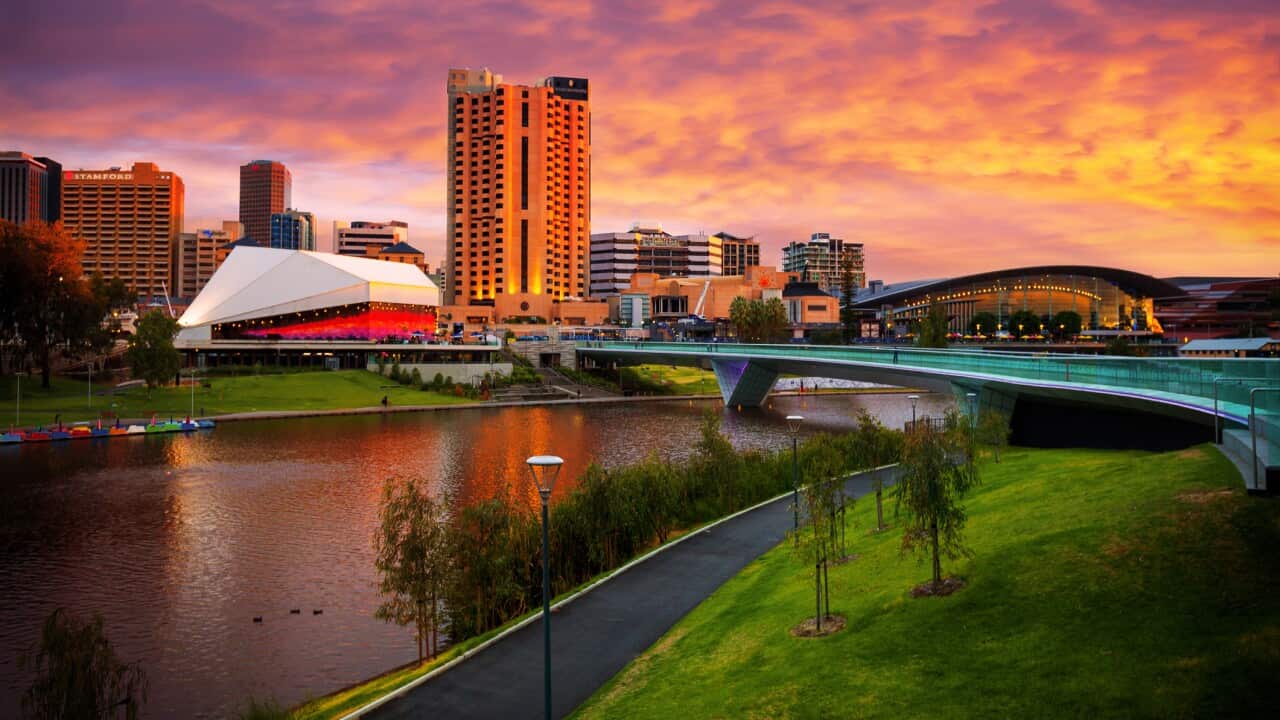 Sunset View of Elder Park, the Riverside Precinct and the Torrens Lake, Adelaide, South Australia