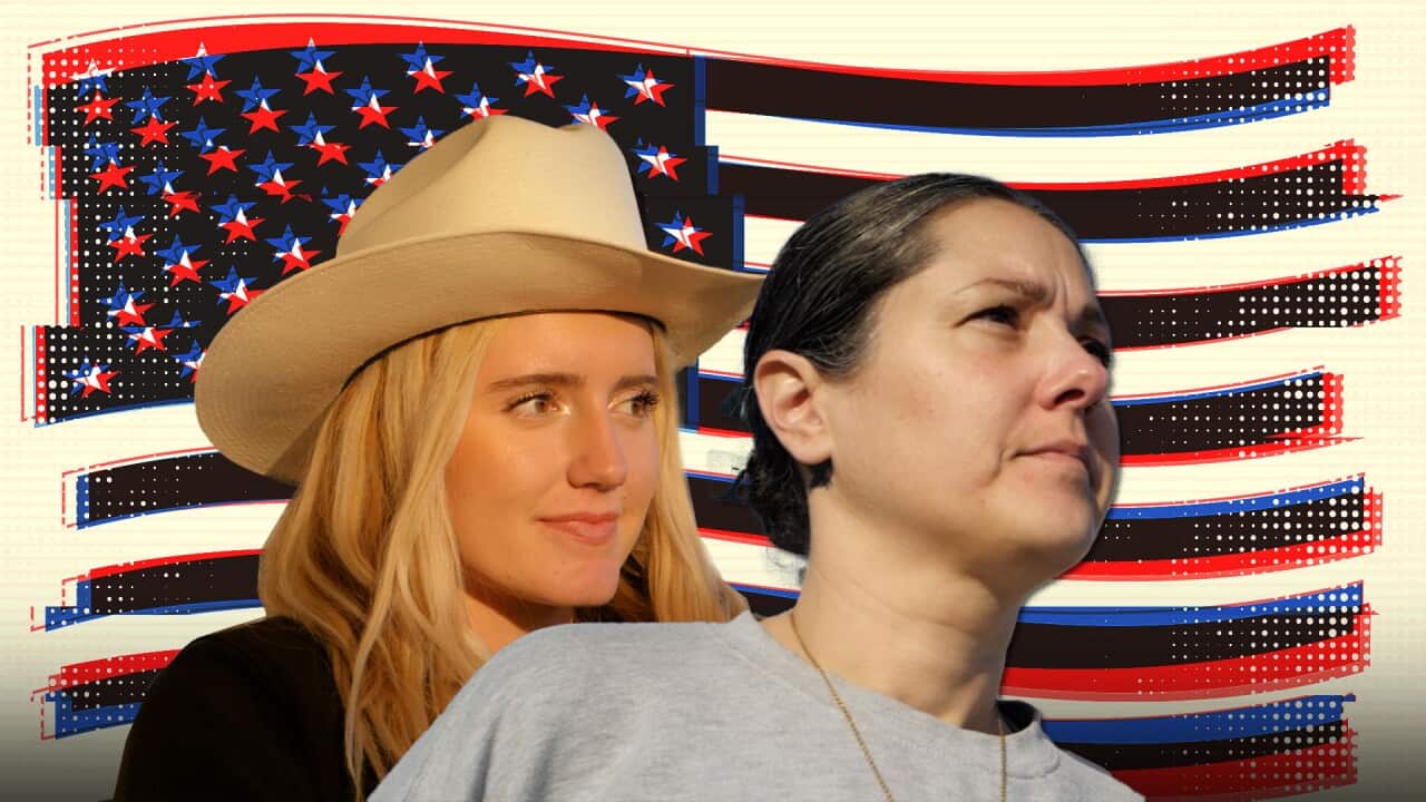 Two women are superimposed over a pixellated US flag background. One is a young blonde woman wearing a cowboy hat, looking into the distance with a content expression. The other is a brunette woman in her 40s with a low bun and serious expression. 