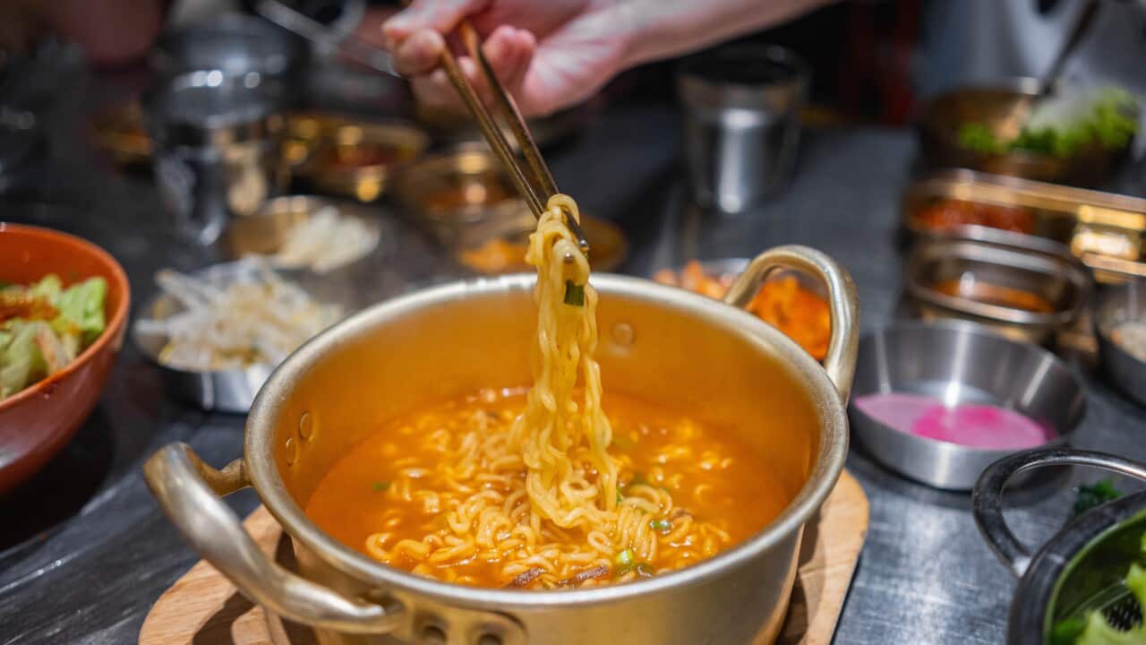 High angle view of Ramyeon, Korean food