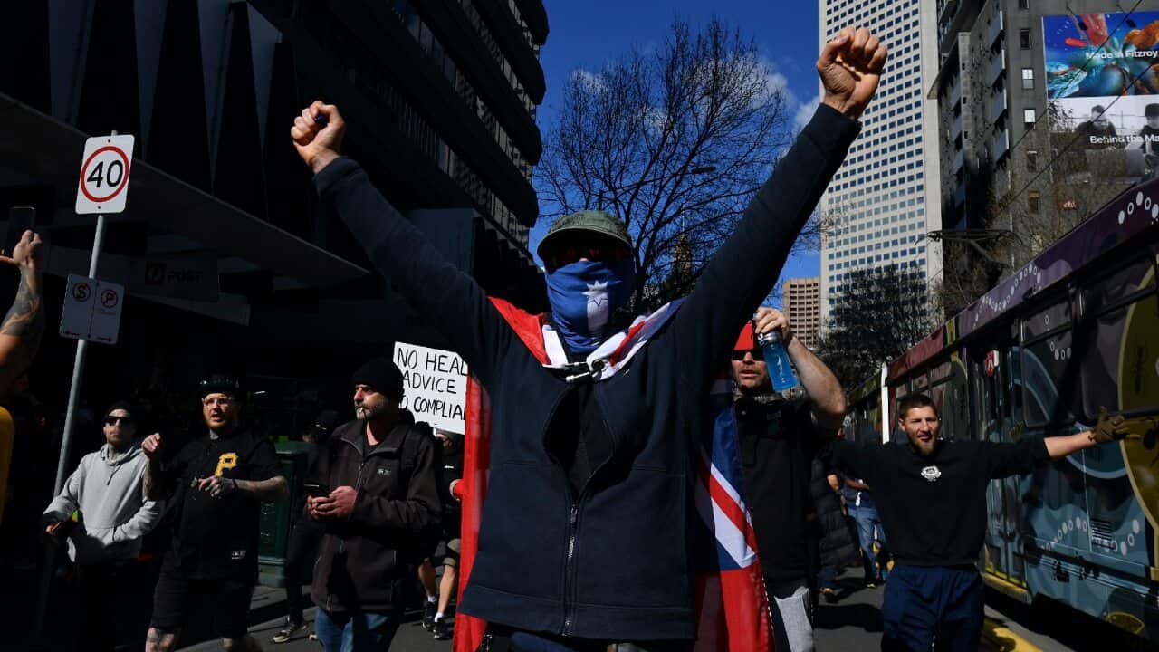 Six police officers were hospitalised after confrontations with anti-lockdown protesters on Saturday.