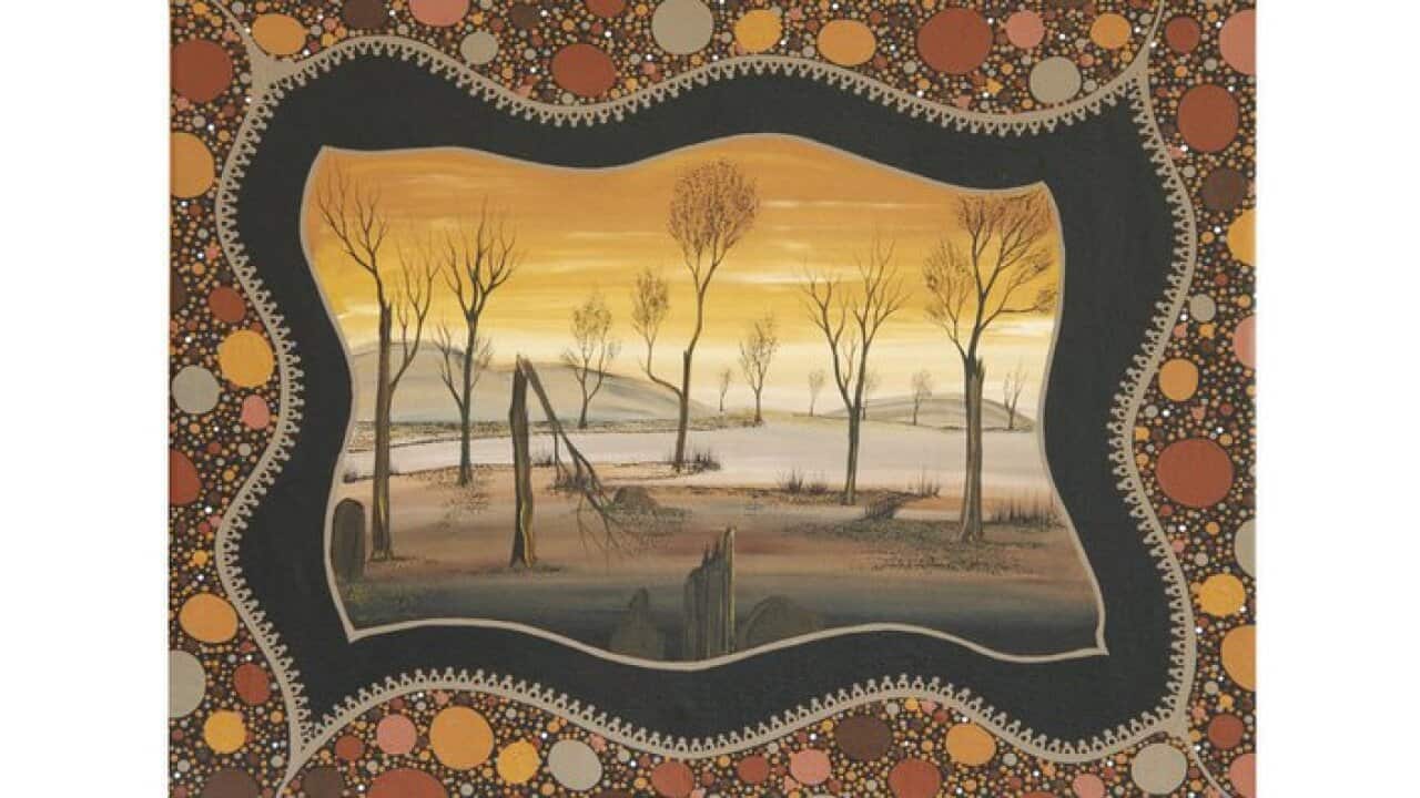 SBS Radio Living Black, The Torch Project, Confined 7, Gavin Yorta Yorta, Walkabout for Bush Tucker 2015 Acrylic on canvas.  