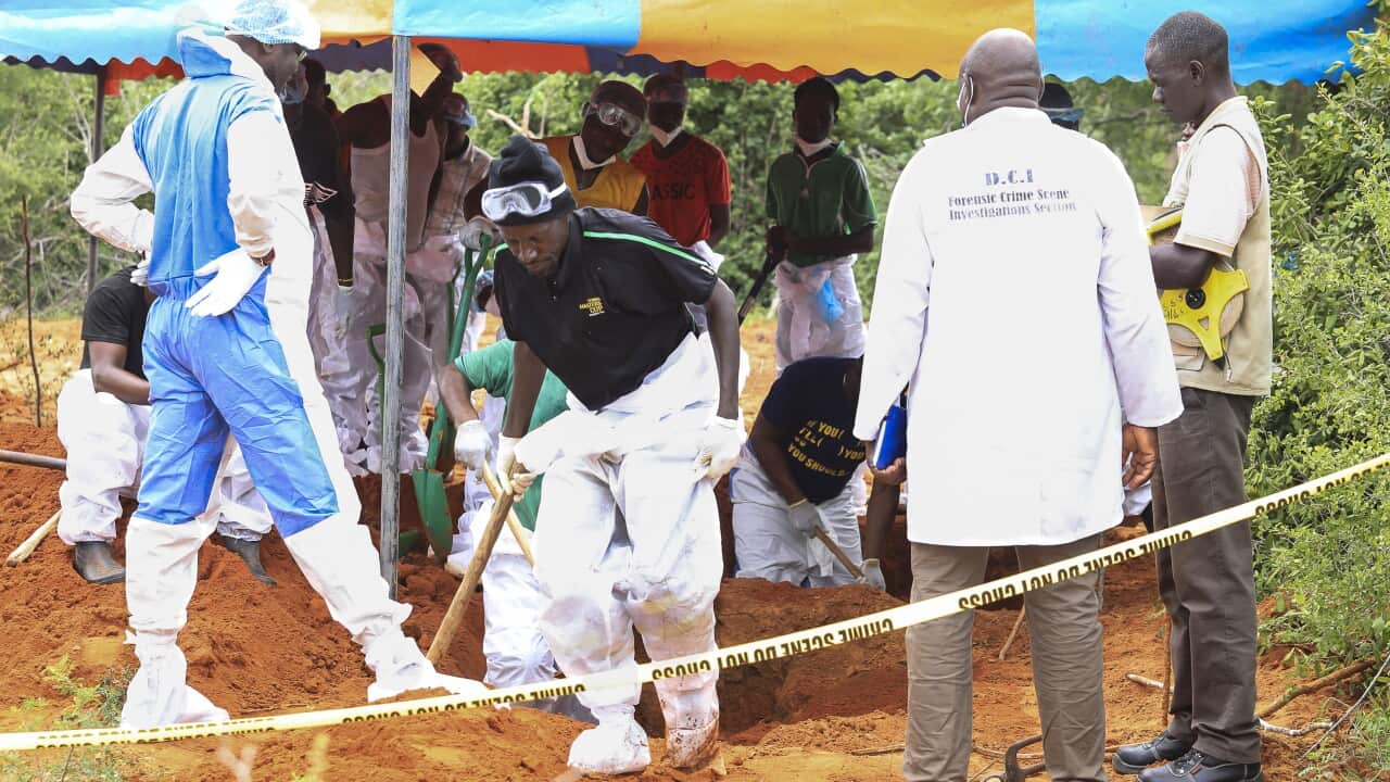 Homicide detectives and forensic experts examine a mass grave.