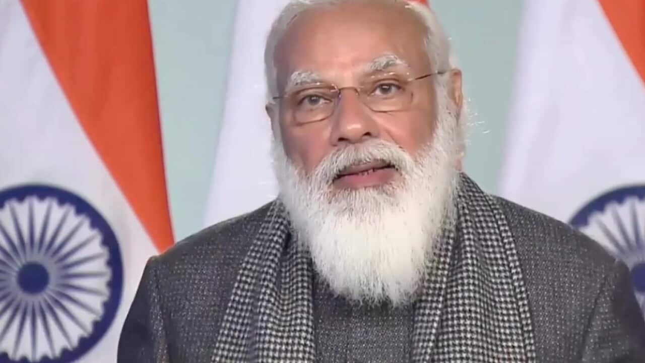 Special Address by Narendra Modi (on screen) on the occasion of the online edition World Economic Forum (WEF), in Davos, Switzerland, 28 January 2021.