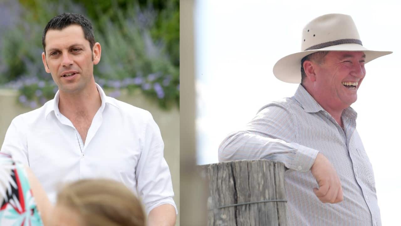 Composite image: Labor candidate David Ewings (L) and Barnaby Joyce posing for photographers at the Tamworth Aero Club in Tamworth