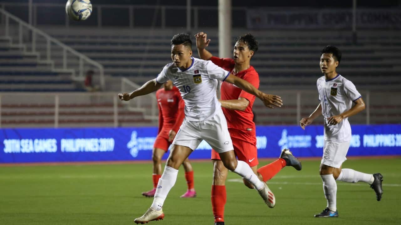 Players in action during the match between Laos and Singapore - 30th South East Asian in Manila on November 26, 2019 (George Calvelo - NurPhoto via Getty Images)
