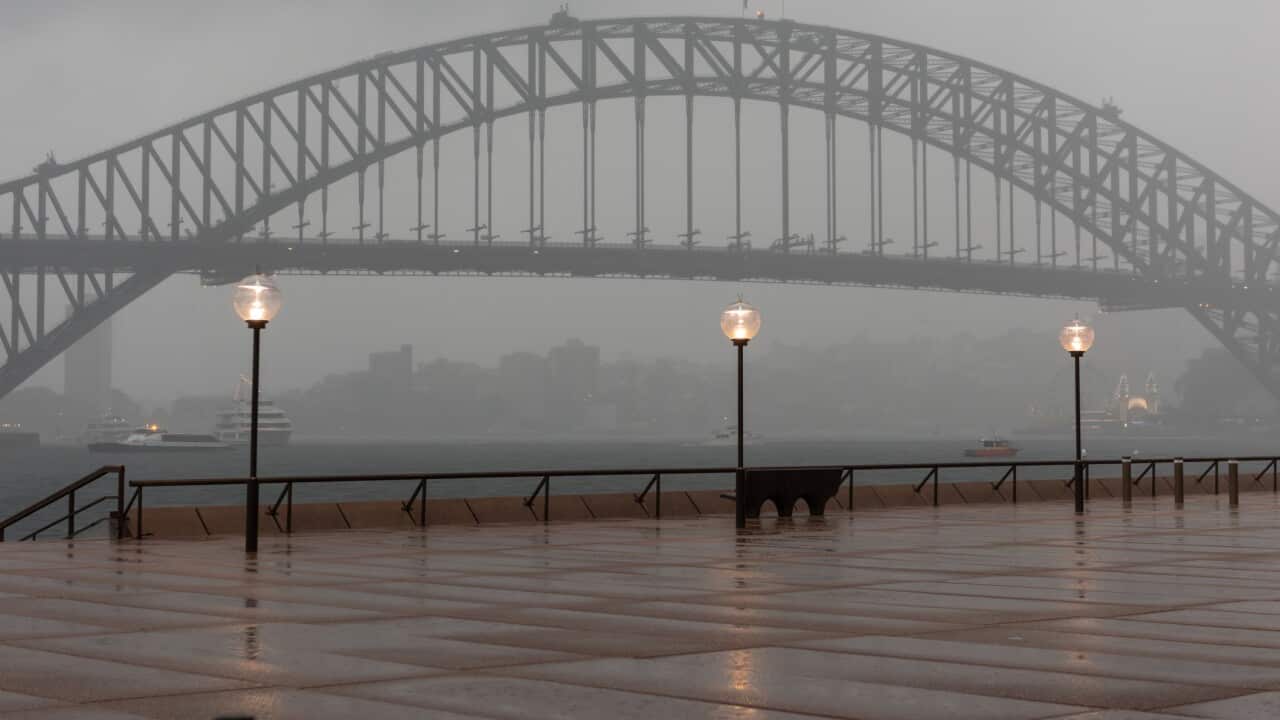 Sydney harbour bridge in the rain, Sydney, New South Wales, Australia