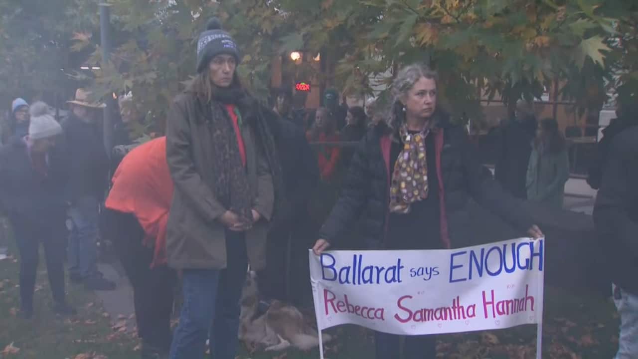 Women gather at the Ballarat rally against gendered violence (SBS).png