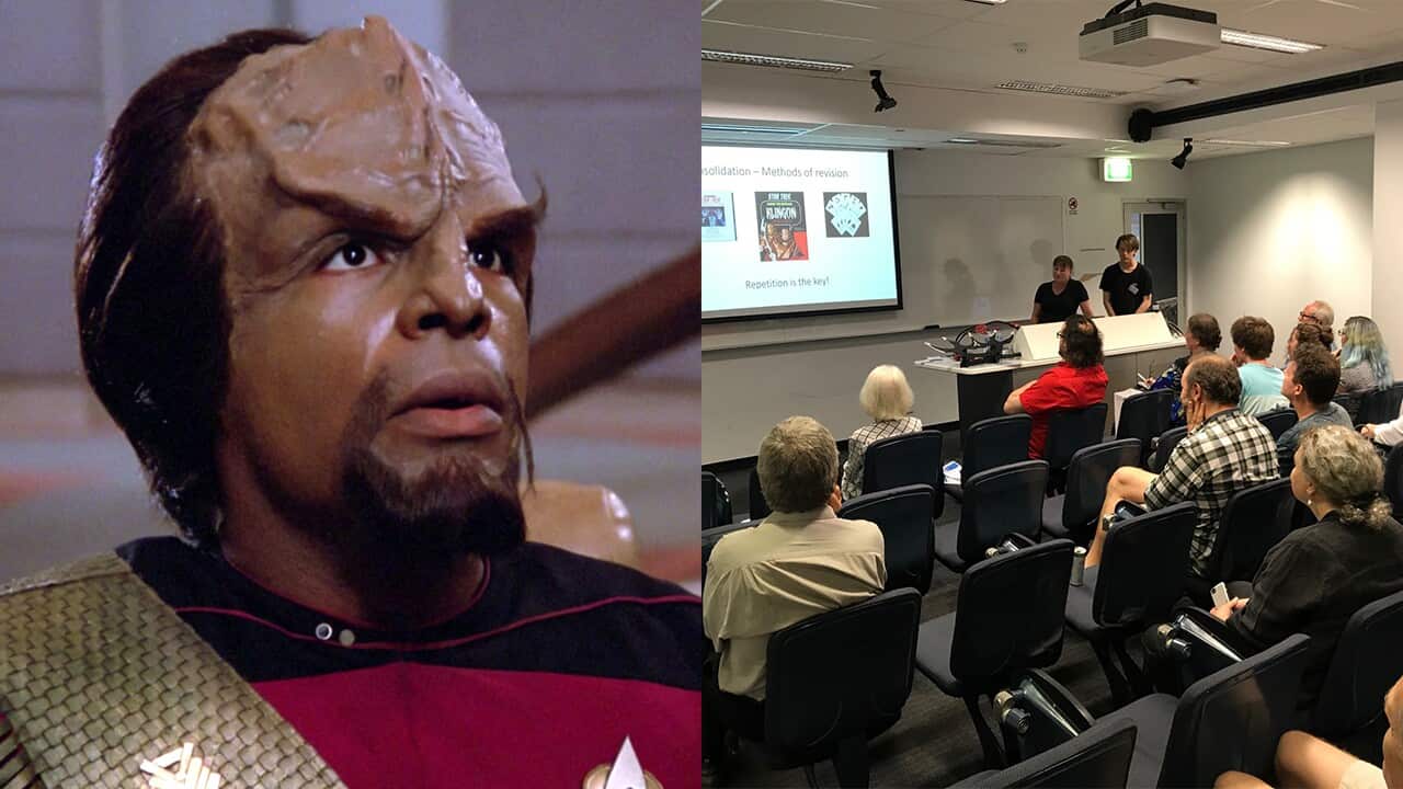 A lesson in Klingon at Adelaide Language Festival, right, and Michael Dorn as Lt. Worf in Star Trek: The Next Generation. 