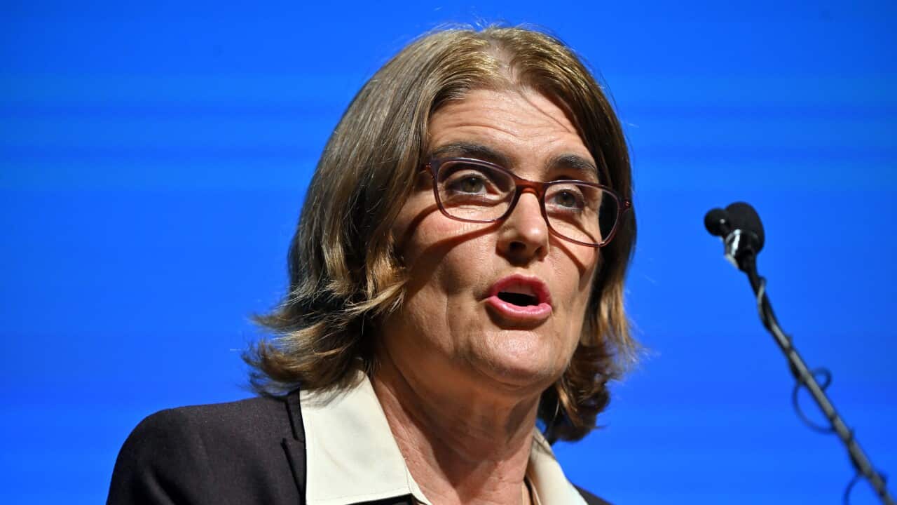 A woman with short brown hair and glasses. The background behind her is blue