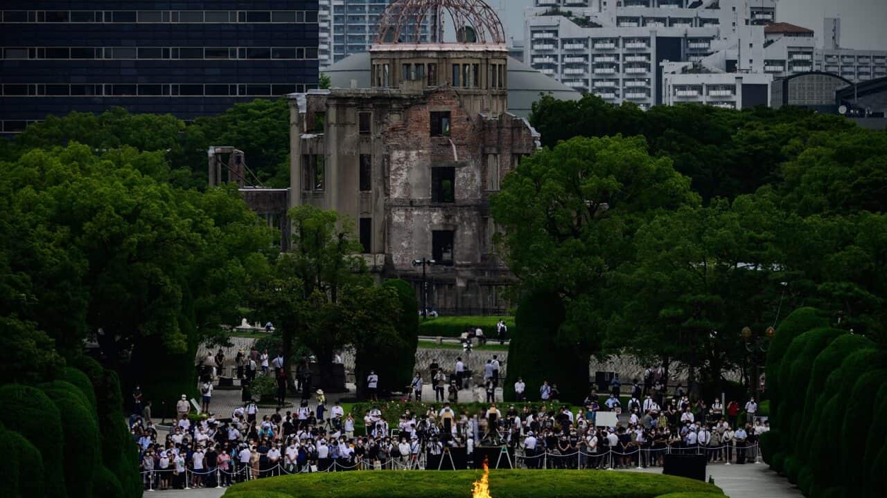The 75th anniversary memorial service for atomic bomb victims at the Peace Memorial Park in Hiroshima