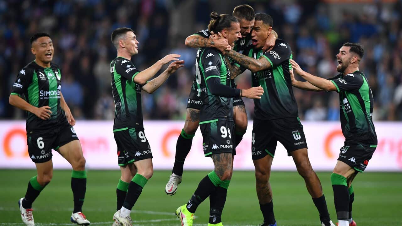 Aleksandar Prijovic of Western United celebrates scoring a goal during the A-League Grand Final between Melbourne City and Western United at AAMI Park in Melbourne, Saturday, May 28, 2022. (AAP Image/Joel Carrett) NO ARCHIVING, EDITORIAL USE ONLY
