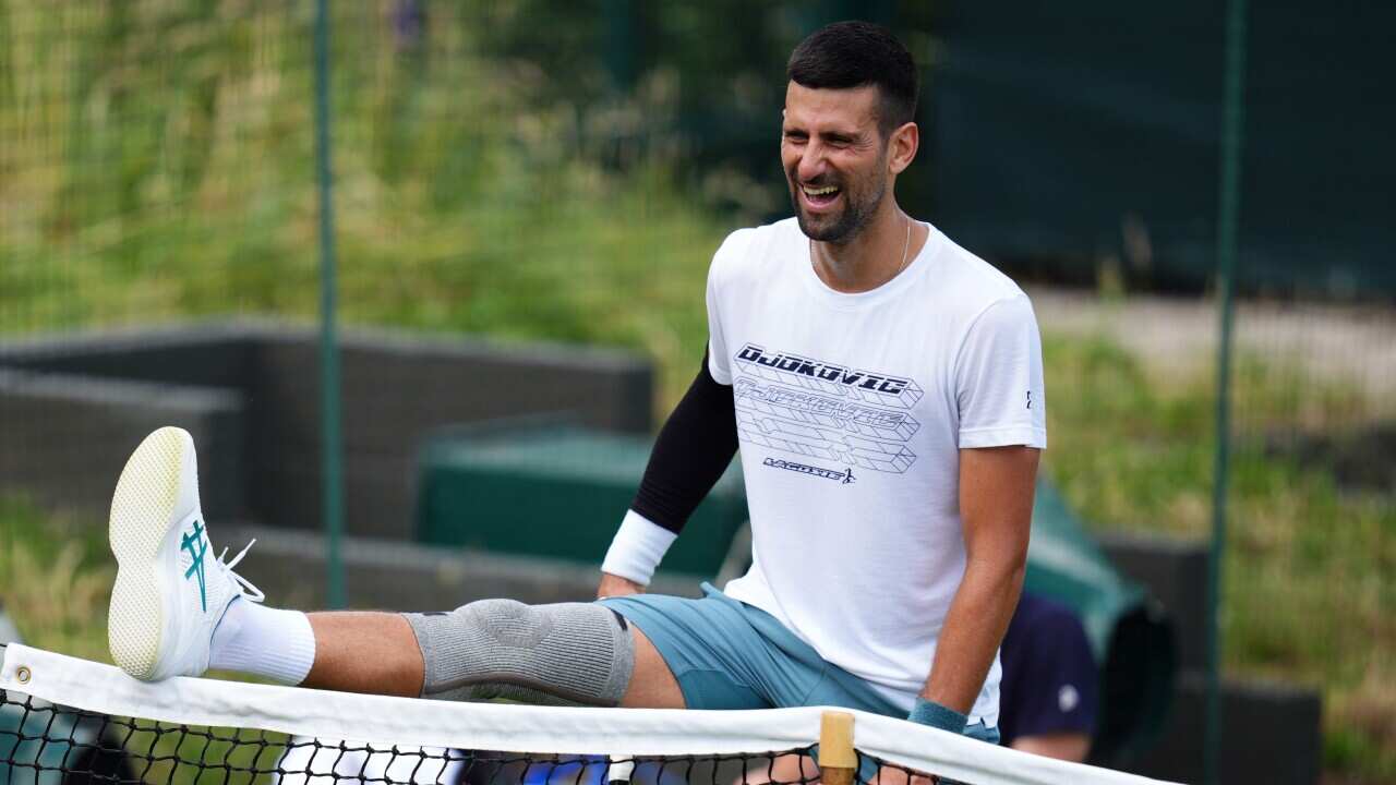 Novak Djokovic during a training session at the All England Lawn Tennis and Croquet Club in Wimbledon ahead of the Wimbledon Championships 2024