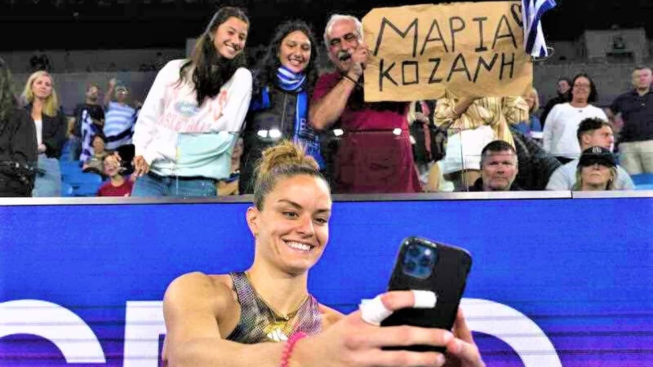 Maria Sakkari of Greece takes a selfie following her second round match against Diana Shnaider of Russia at the Australian Open tennis championship in Melbourne, Australia, Wednesday, Jan. 18, 2023 / AP Photo/Ng Han Guan