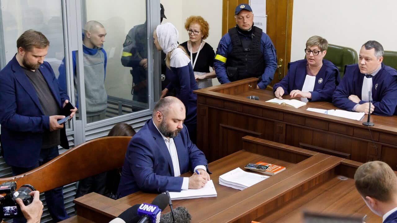 Russian serviceman Vadim Shishimarin (L) attends a court hearing in the Solomyansky district court in Kyiv, Ukraine, 13 May 2022. EPA/TANYA GORDIENKO
