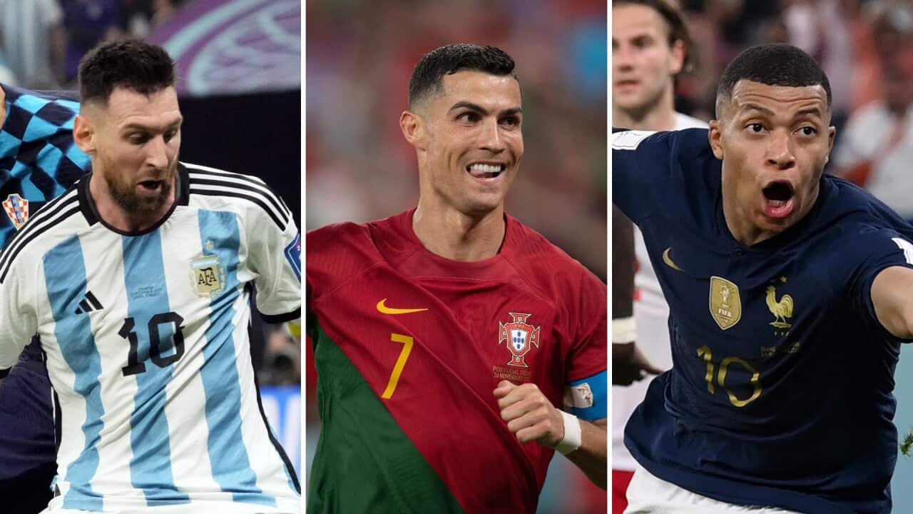 (L to R) Lionel Messi, Cristiano Ronaldo, Kylian Mbappe