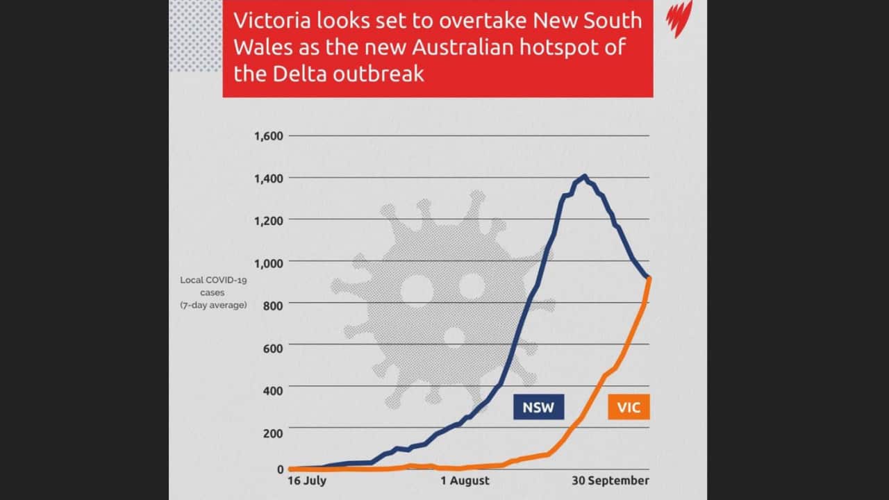 graph showing Covid cases trajectory in Victoria and New South Wales