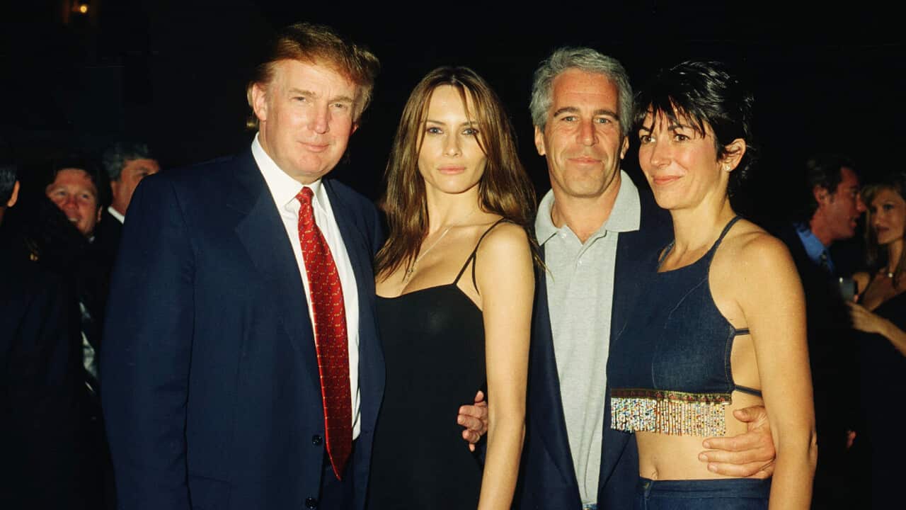 Donald Trump, Melania Trump, Jeffrey Epstein and Ghislaine Maxwell posing together for a photo at a party.