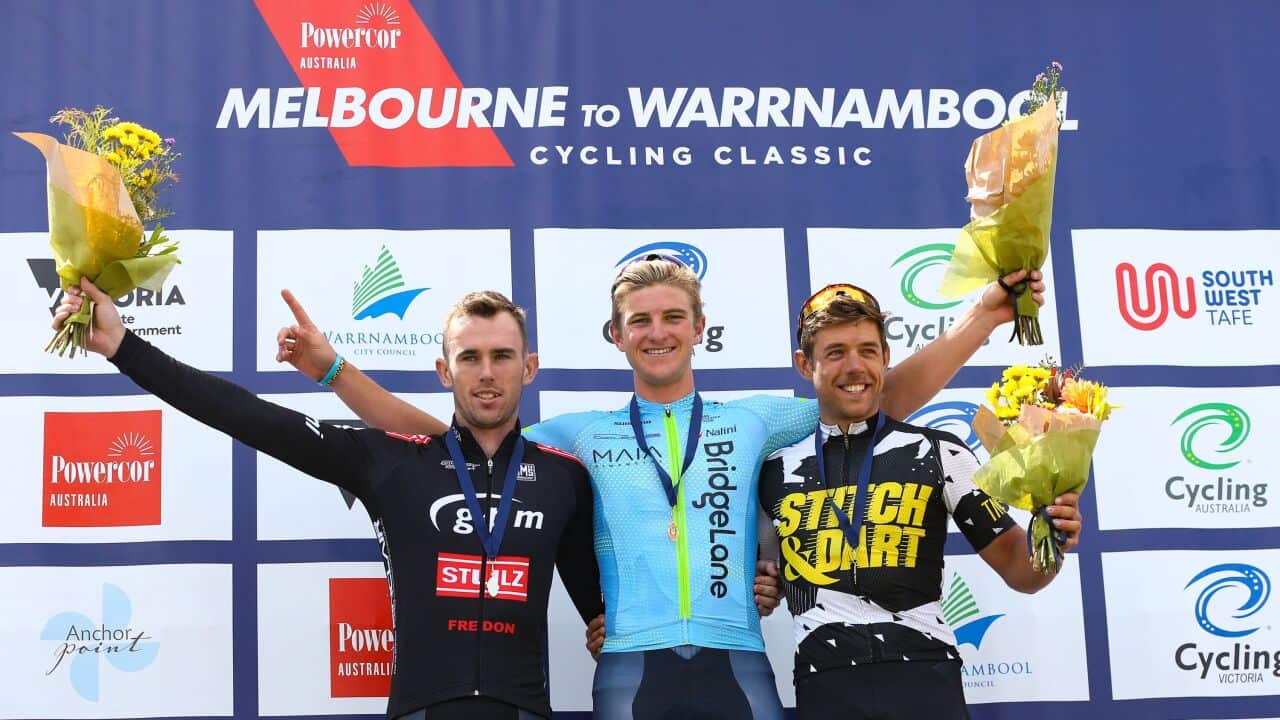 Brendan Johnston (R) finished third for the plucky amateur team Stitch & Dart at the Melbourne to Warrnambool (Con Chronis)