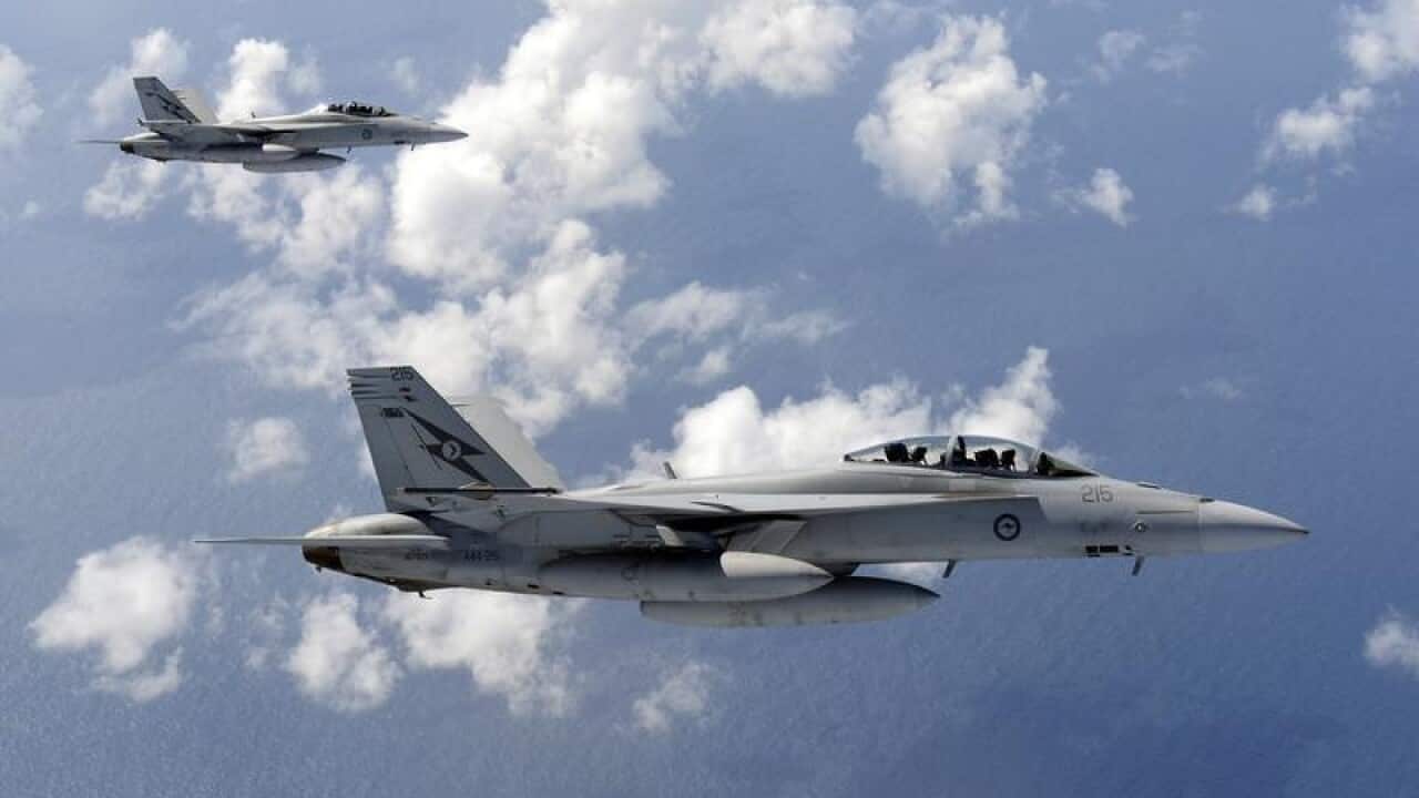 A Royal Australian Air Force (RAAF) F/A-18F Super-Hornet jet fighter
