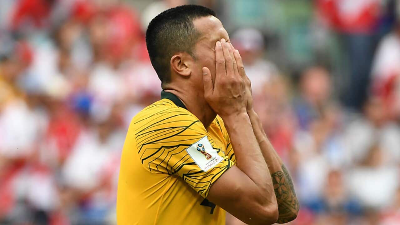 Australia's Tim Cahill after their loss to Peru during their final FIFA World Cup group match at Fisht Stadium during the FIFA 2018 World Cup in Sochi, Russia, Tuesday, June 26, 2018. (AAP Image/Dean Lewins)
