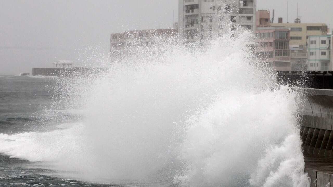 Typhoon Vongfong hits the coast in Hamagawa, Chatan town, Okinawa, Japan