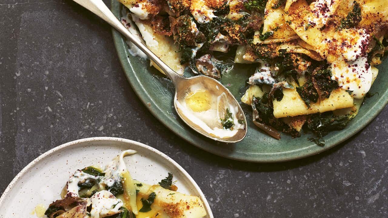 Dark greens and noodles with yoghurt SBS Food