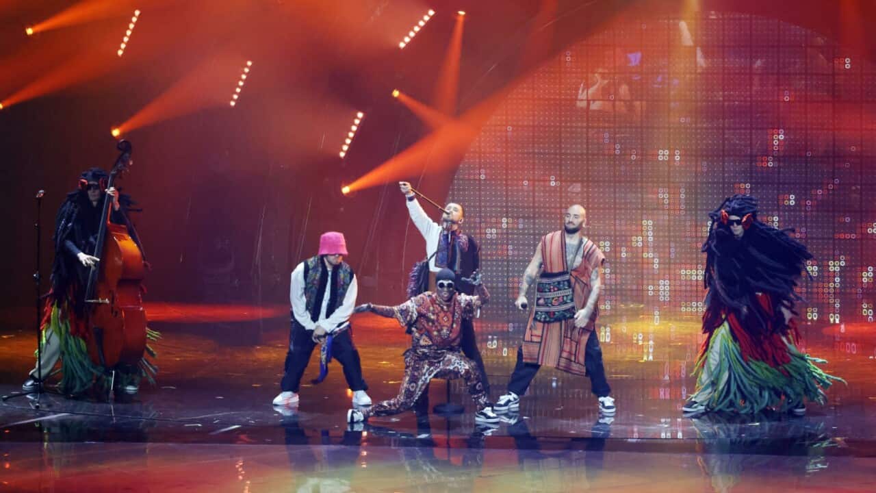 The Kalush Orchestra, representing Ukraine, perform on stage during the Grand Final show of the 66th Eurovision Song Contest at Pala Alpitour on May 14