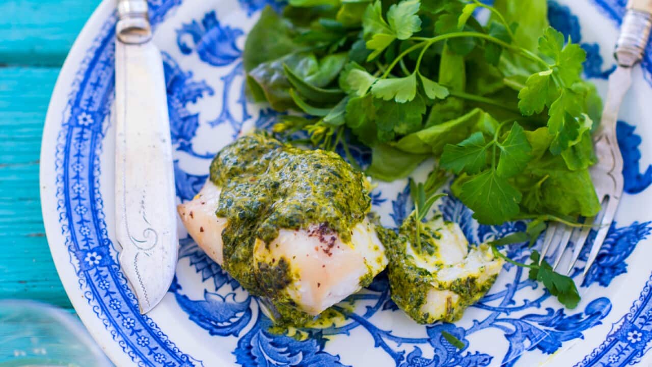 Roast blue-eye with walnut and coriander sauce