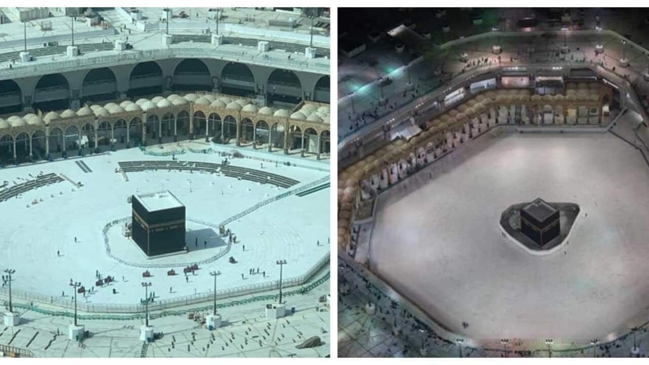 The Kabaa as it looks empty in the day (L) and at night (R) as the Saudi authorities takes more measures to tackle the spread of corona virus