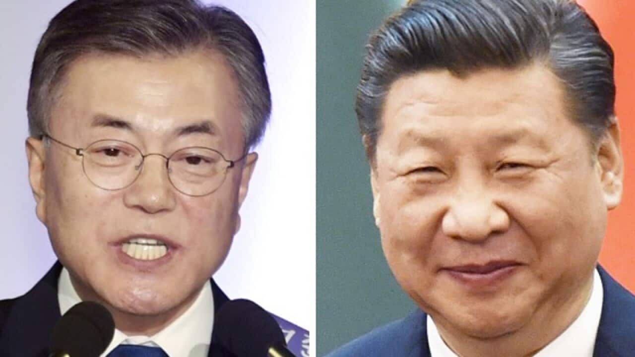 South Korea's new President Moon Jae In (L) and Xi Jinping