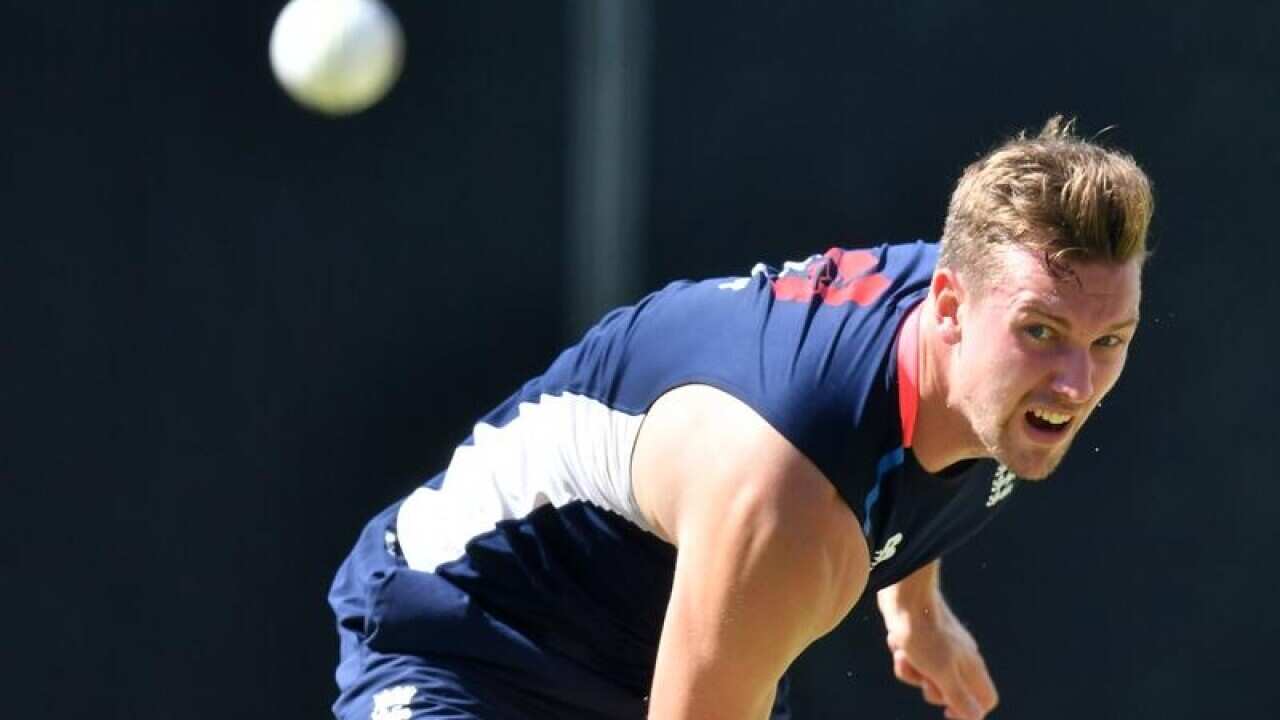 Jake Ball is seen bowling in the nets