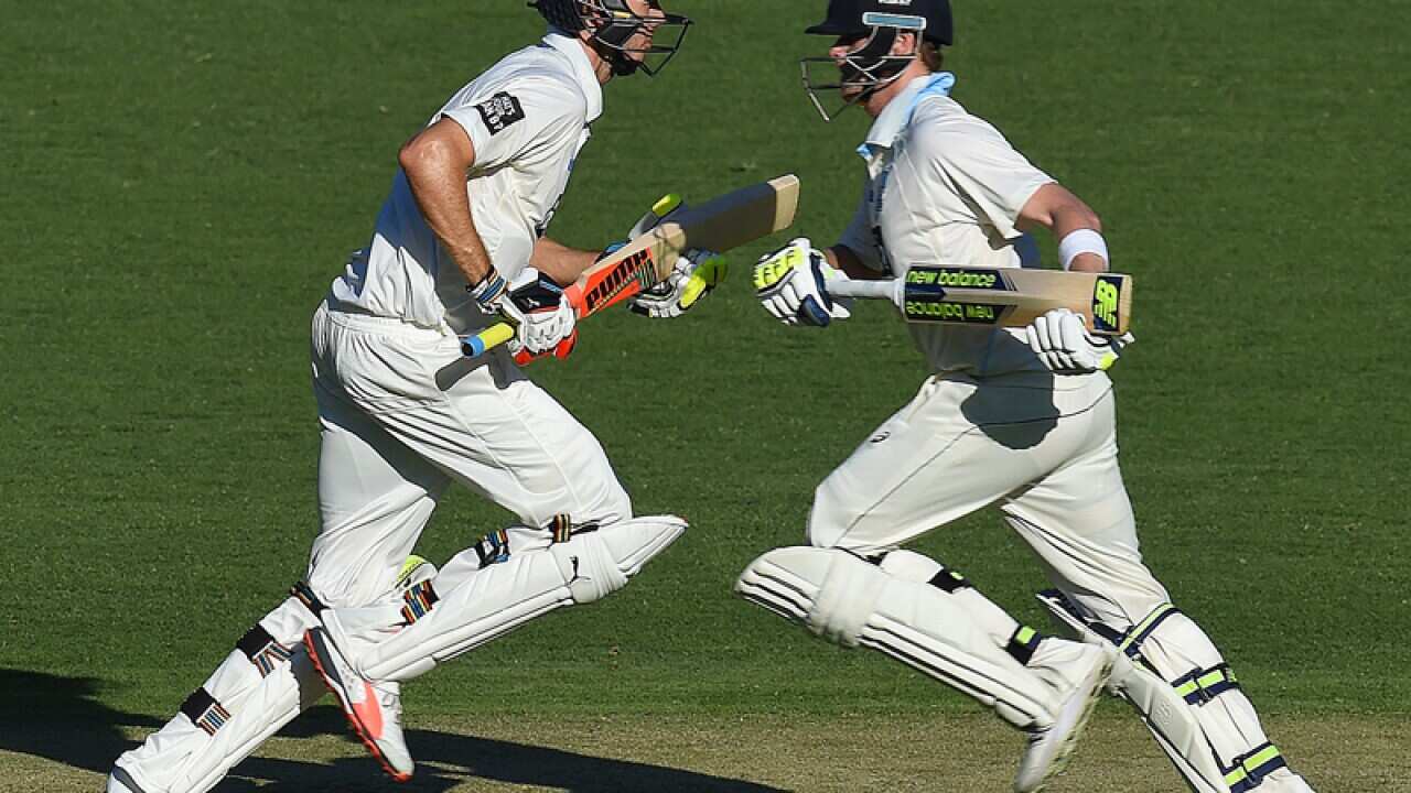 NSW batsmen Kurtis Patterson (L) and Steve Smith