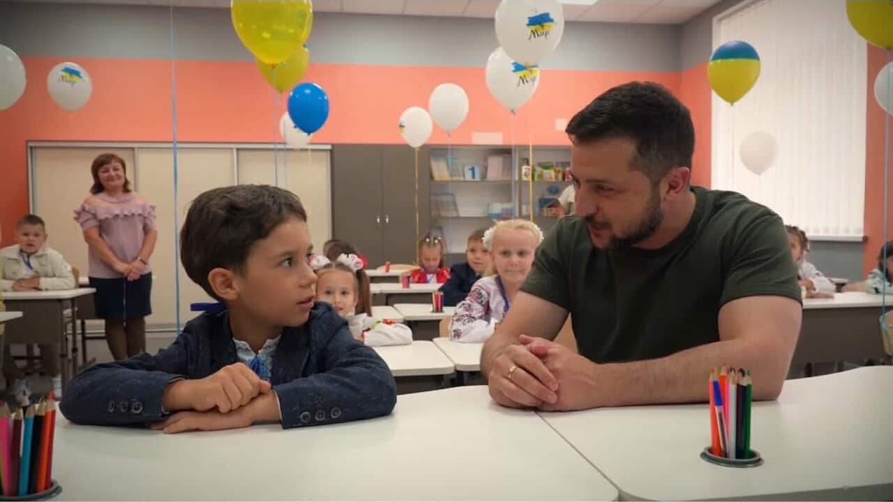 President Zelenskyy joins the first graders at an Irpin school (AP).jpg