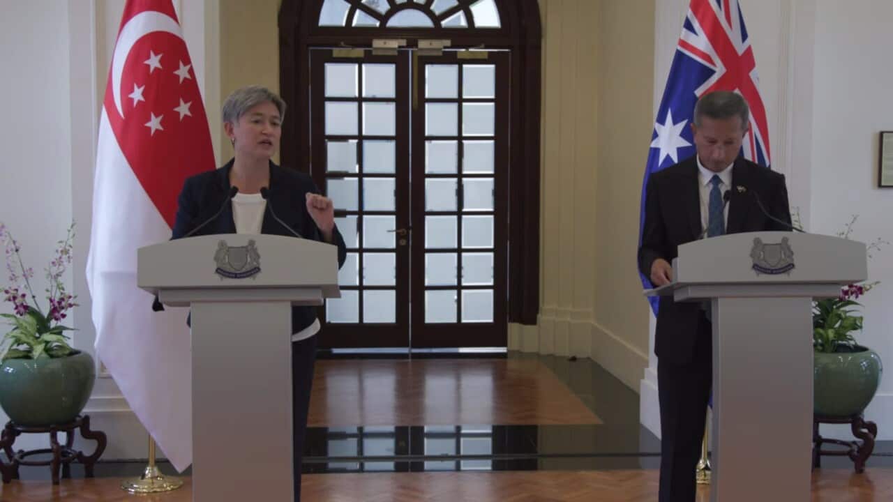 Minister Penny Wong and Singapore Foreign Affairs Minister Vivian Balakrishnan addressing media during a press conference in Singapore, July 6, 2022.